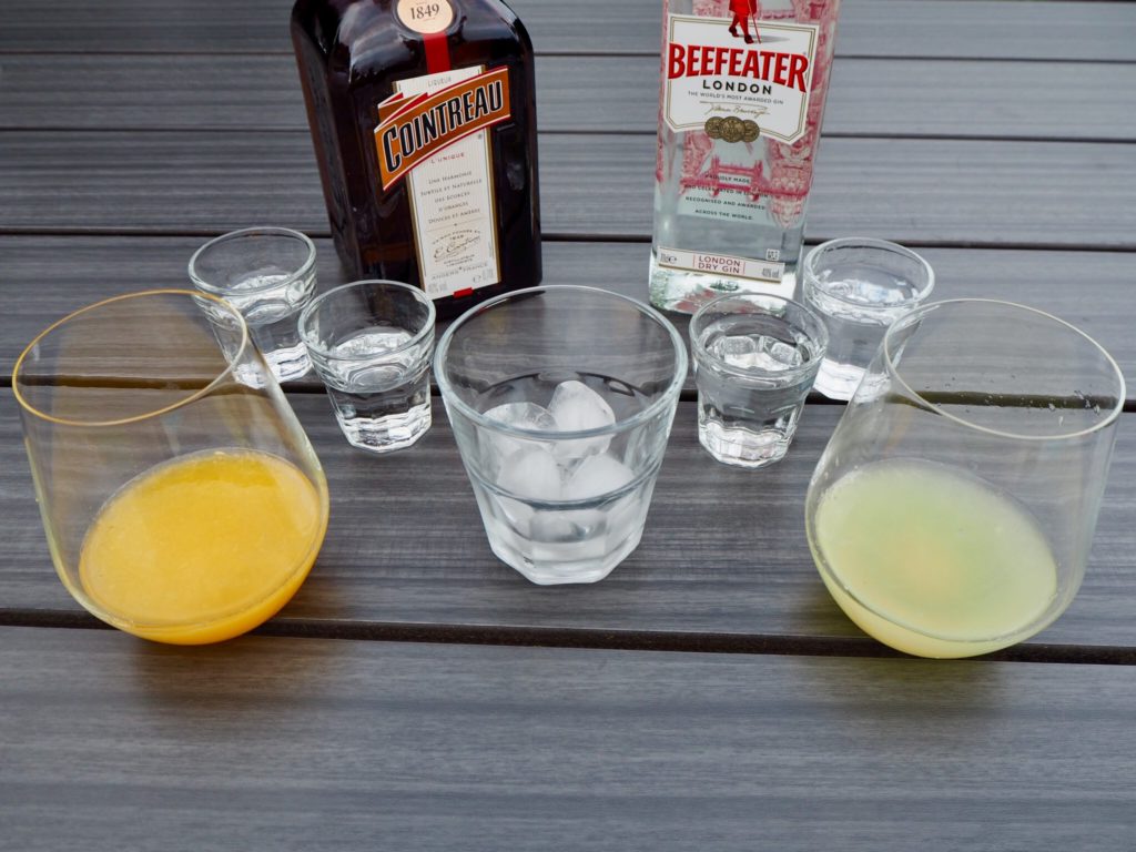 Alkohol, gin, cointrau, Citronová a pomerančová šťáva