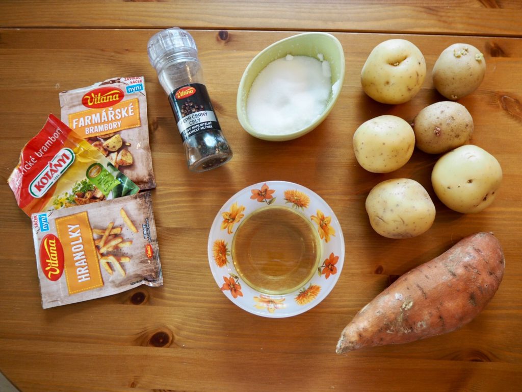 Ingredience na Domácí batatové a bramborové hranolky